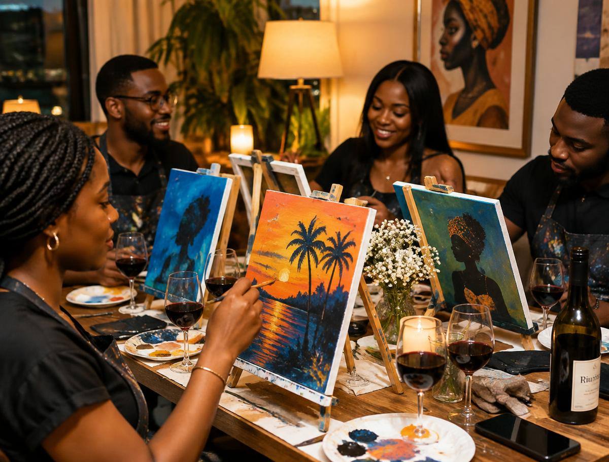 Friends painting canvases at a Paint & Sip evening